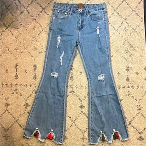 POL Blue Flare Wide Leg Denim with Tassels and Pearls